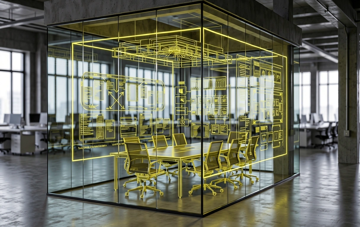 Architectural office view with digital blueprint overlays