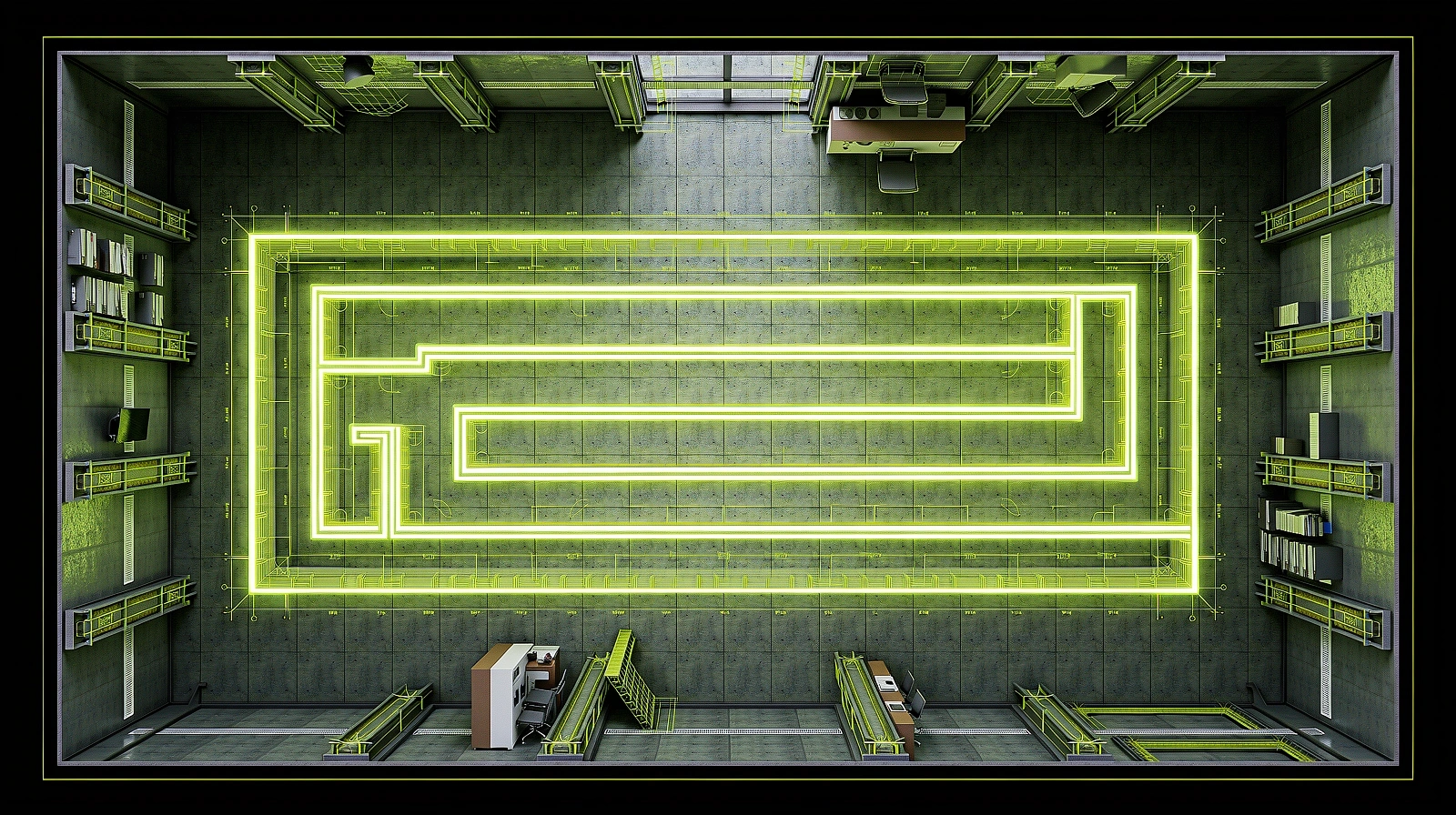 Architectural schematic of a workspace